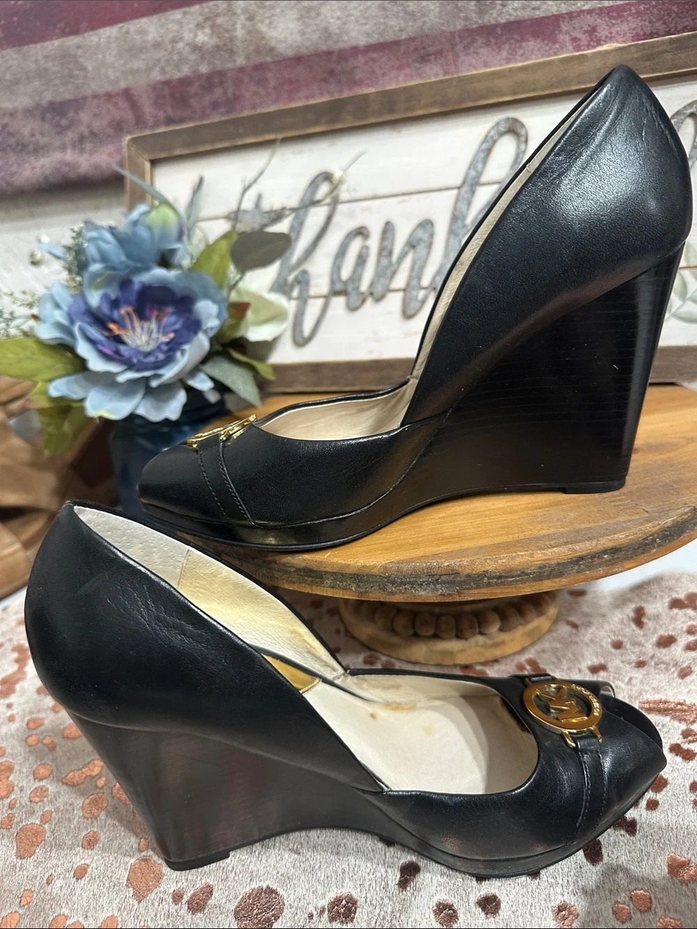 Michael Kors Black Peep-Toe Pumps with Gold MK Accent